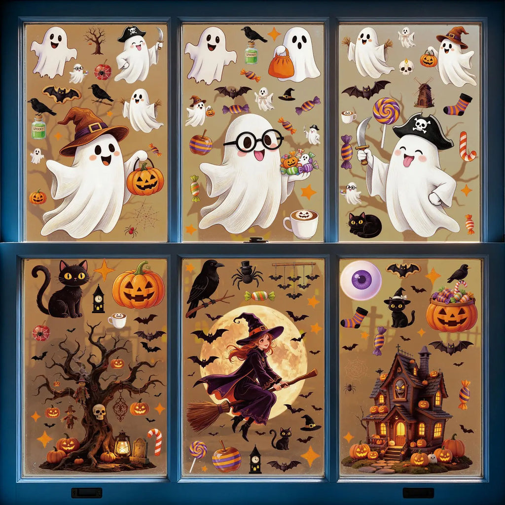 Decorações Criativas de Halloween: Adesivo Eletrostático de Vidro com Abóbora, Fantasma, Morcego, Aranha e Casa Assombrada para Decoração de Feliz Dia de Halloween