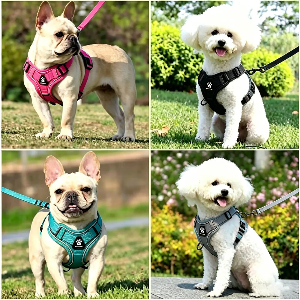 Conjunto de Arnês e Coleira para Cães Pequenos: Acessórios Essenciais para Bulldog Francês, Pug, Pitbull e Filhotes - Coleira Peitoral para Cães