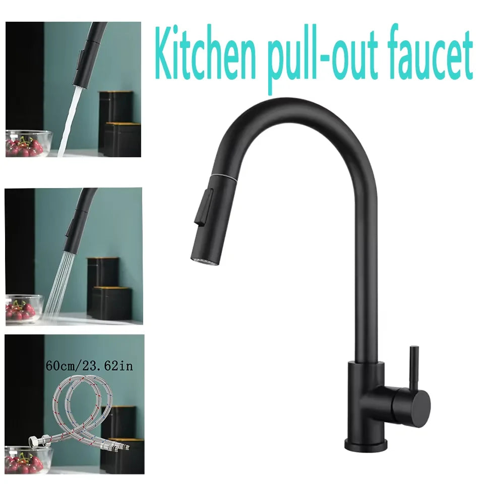 Torneira de Cozinha em Aço Inoxidável com Spray Retrátil de Um Furo 360 °   Torneira de Pia Giratória com Design Moderno de Alto Arco