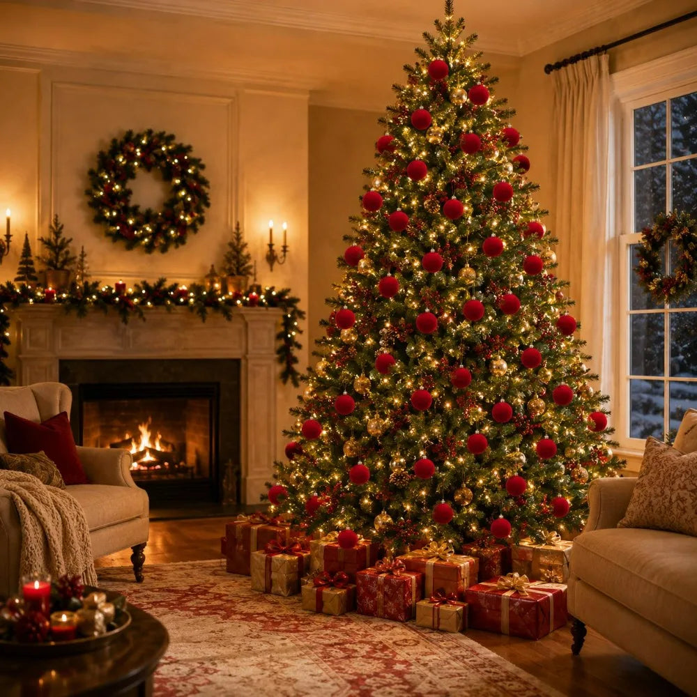Conjunto de 12 Bolas de Natal em Veludo Burgundy para Decoração de Casa, Ornamento para Halloween, Ação de Graças, Aniversários e Natal