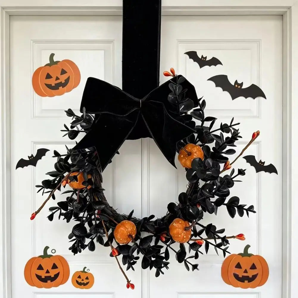 Guirlanda Preta de Halloween, Guirlanda Assustadora para o Halloween, Guirlanda de Abóbora para Porta da Frente, Decoração de Outono de 9 polegadas com Veludo Preto
