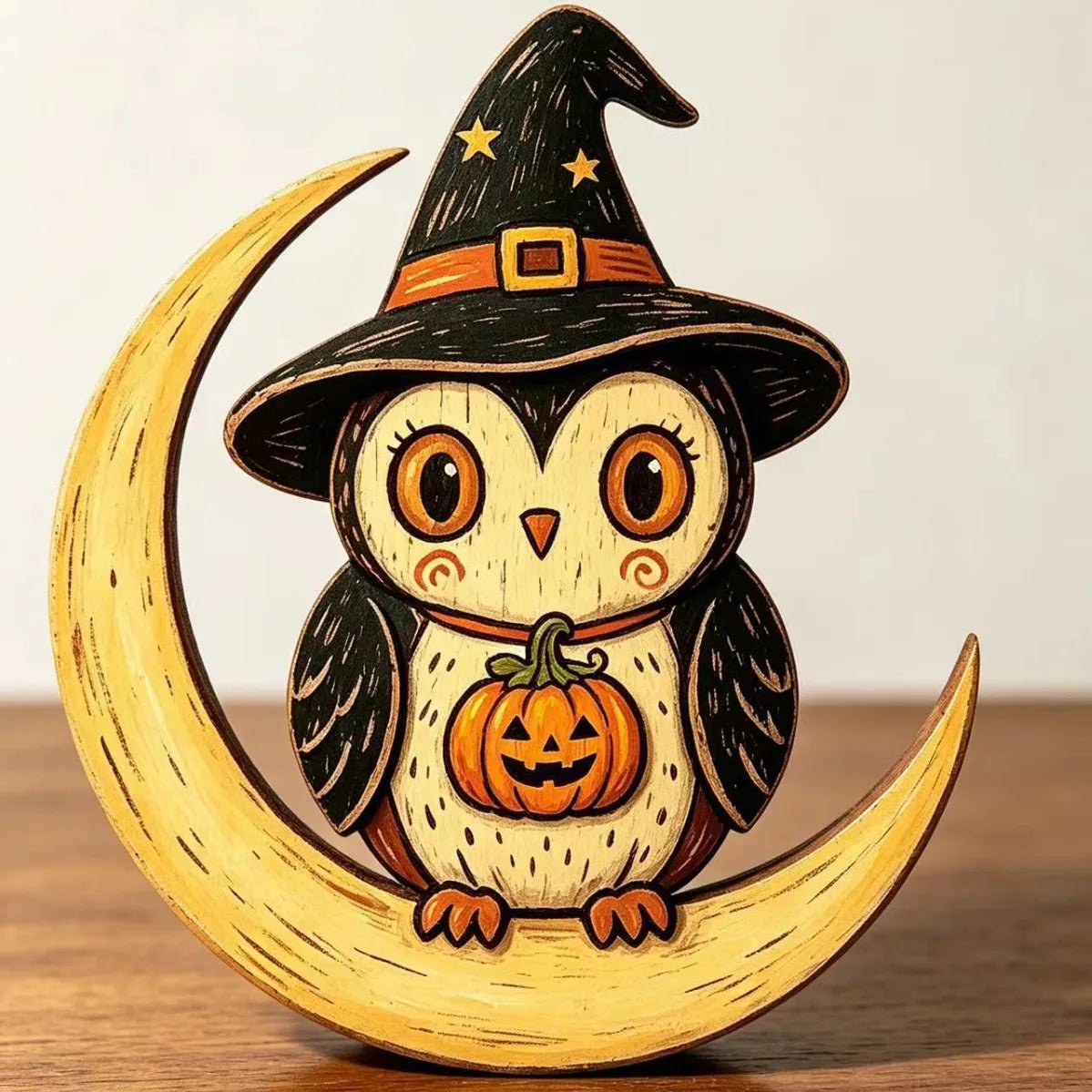 Decoração de Mesa de Madeira para Halloween, Figuras Pintadas à Mão de Coruja, Fantasma, Abóbora e Gato Vampiro para Decoração de Prateleira e Festa - Kasa & Pet
