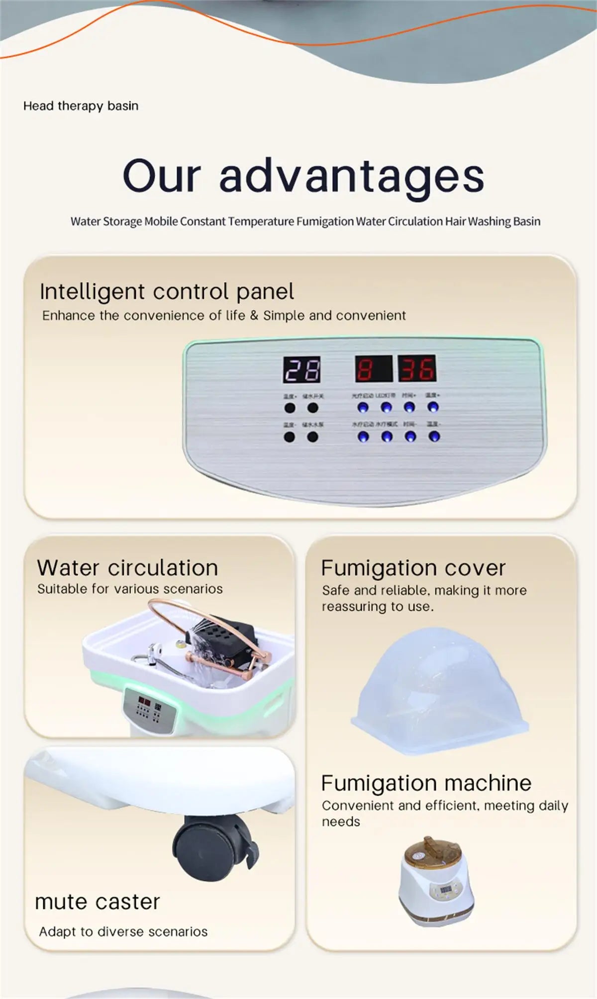Bacia de spa com cabeça de armazenamento de água conveniente de 60L com circulação de água e função de aquecimento, bacia de salão de cabeleireiro, com tanque de drenagem