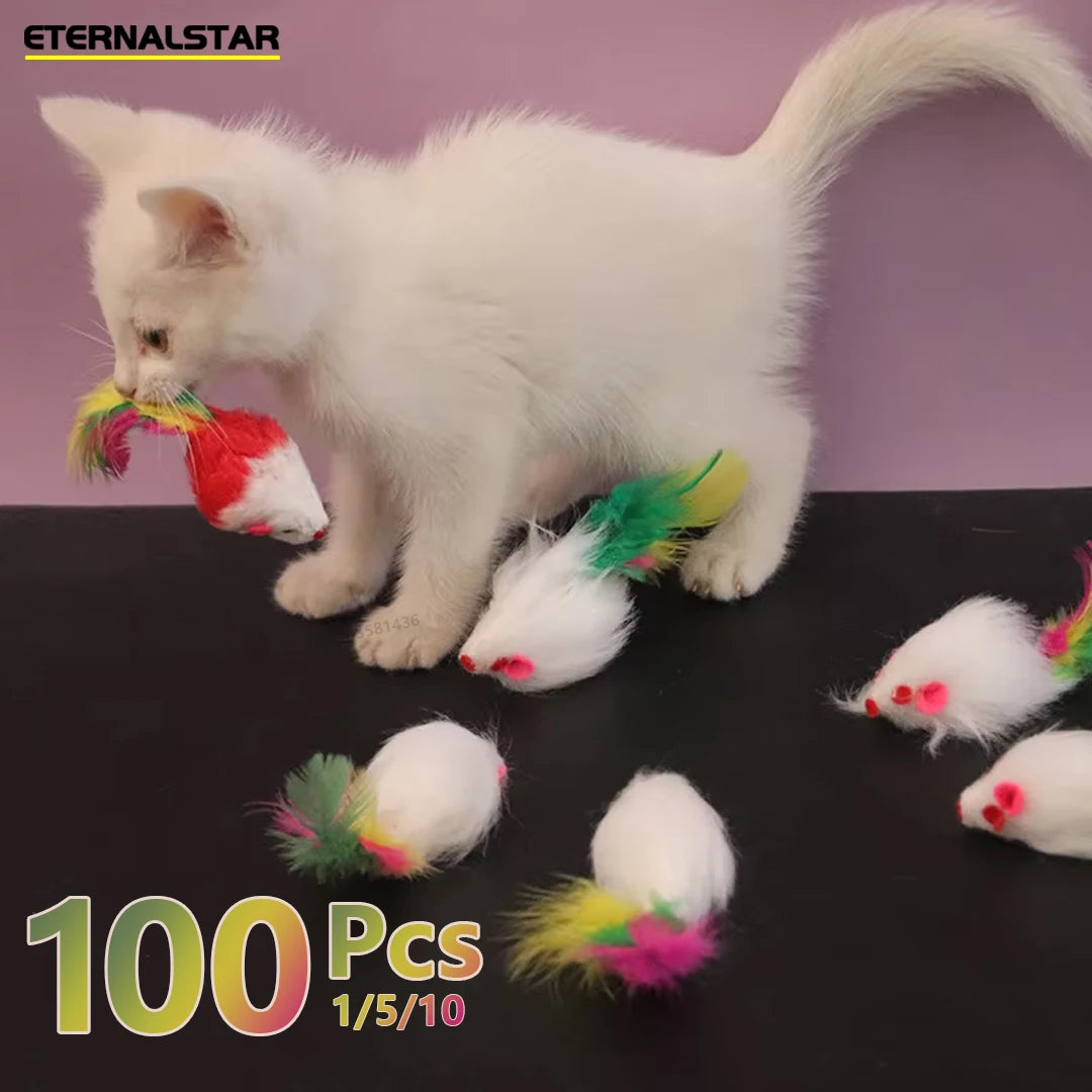Brinquedos interativos para gatos, mouse falso de lã macia e fofa, pena colorida, brinquedo de treinamento engraçado para gatos, gatinho, suprimentos