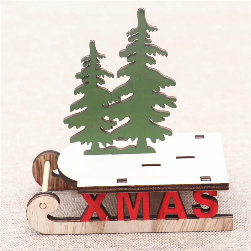 Decorações de natal de madeira diy trenó esqui dos desenhos animados santa ornamento de mesa presente das crianças pequeno presente