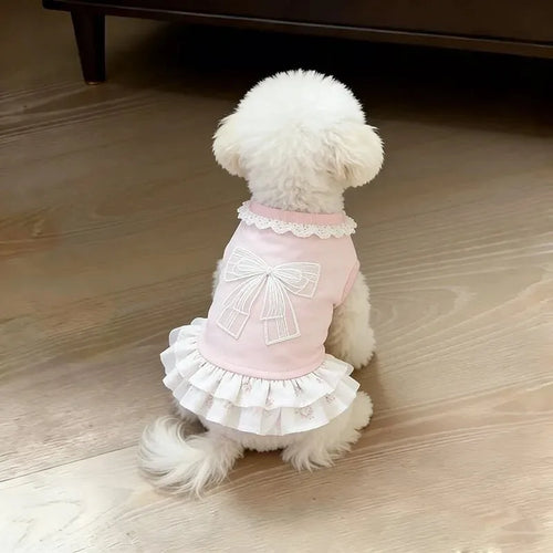 Vestido de Primavera/Verão para Pets, Fino, Rosa, com Laço, Saia Fofa, Roupa Respirável para Cães e Gatos Pequenos, Bichon, Schnauzer, Uso Diário