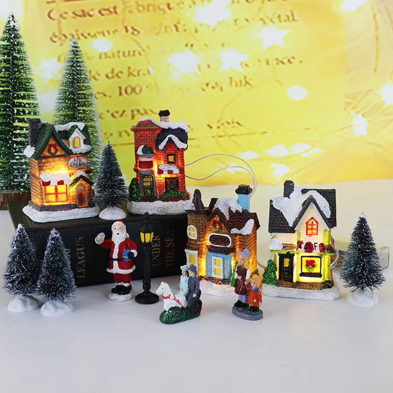 Enfeite de casa em miniatura de resina para o Natal, decoração de mesa com tema de aldeia natalina, casa em miniatura, cena em miniatura, decoração para festas de fim de ano.
