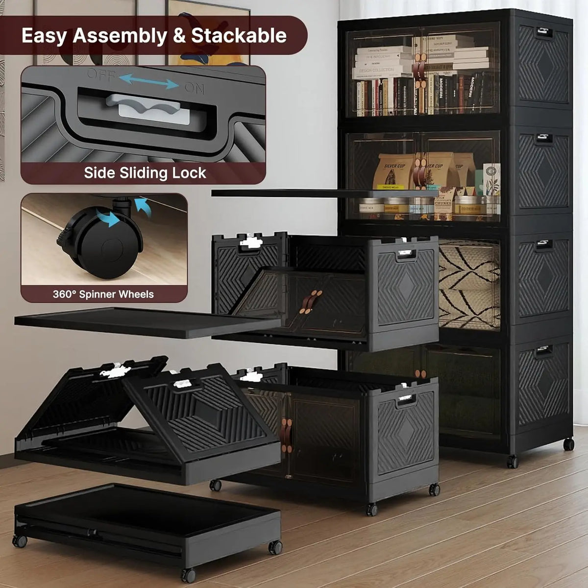 Caixas de Armazenamento com Tampas, Armário de Armazenamento com Capacidade de 640QT, Caixa de Armazenamento Dobrável com Portas e Rodas, Personalizável