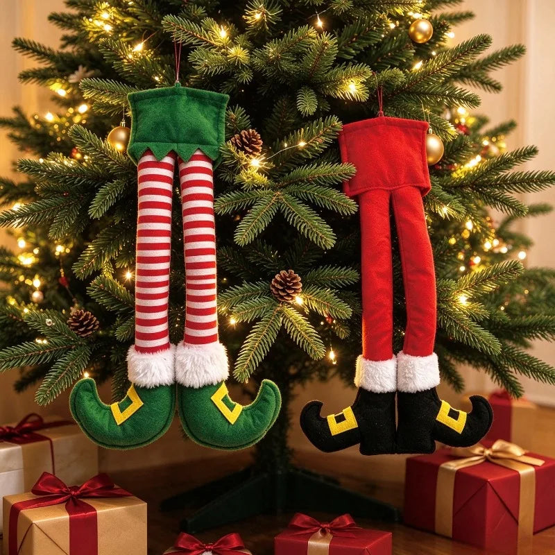 Nova decoração de porta de Natal com laço, árvore de Natal, Papai Noel e enfeite de perna de elfo, decoração de cenas natalinas para casa.