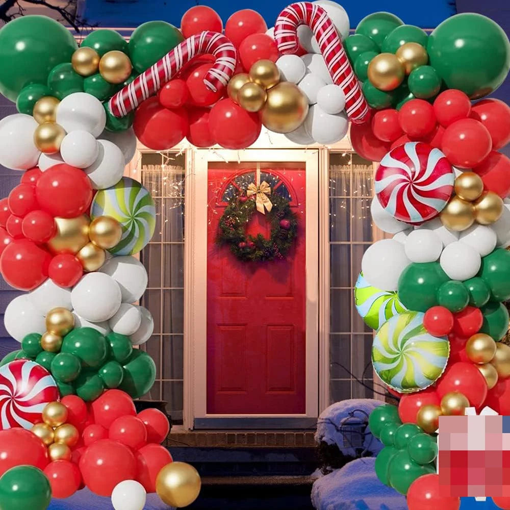 Natal verde balões arco kit vermelho branco ouro balão guirlanda natal doces cana folha globos natal casa festa de aniversário decoração