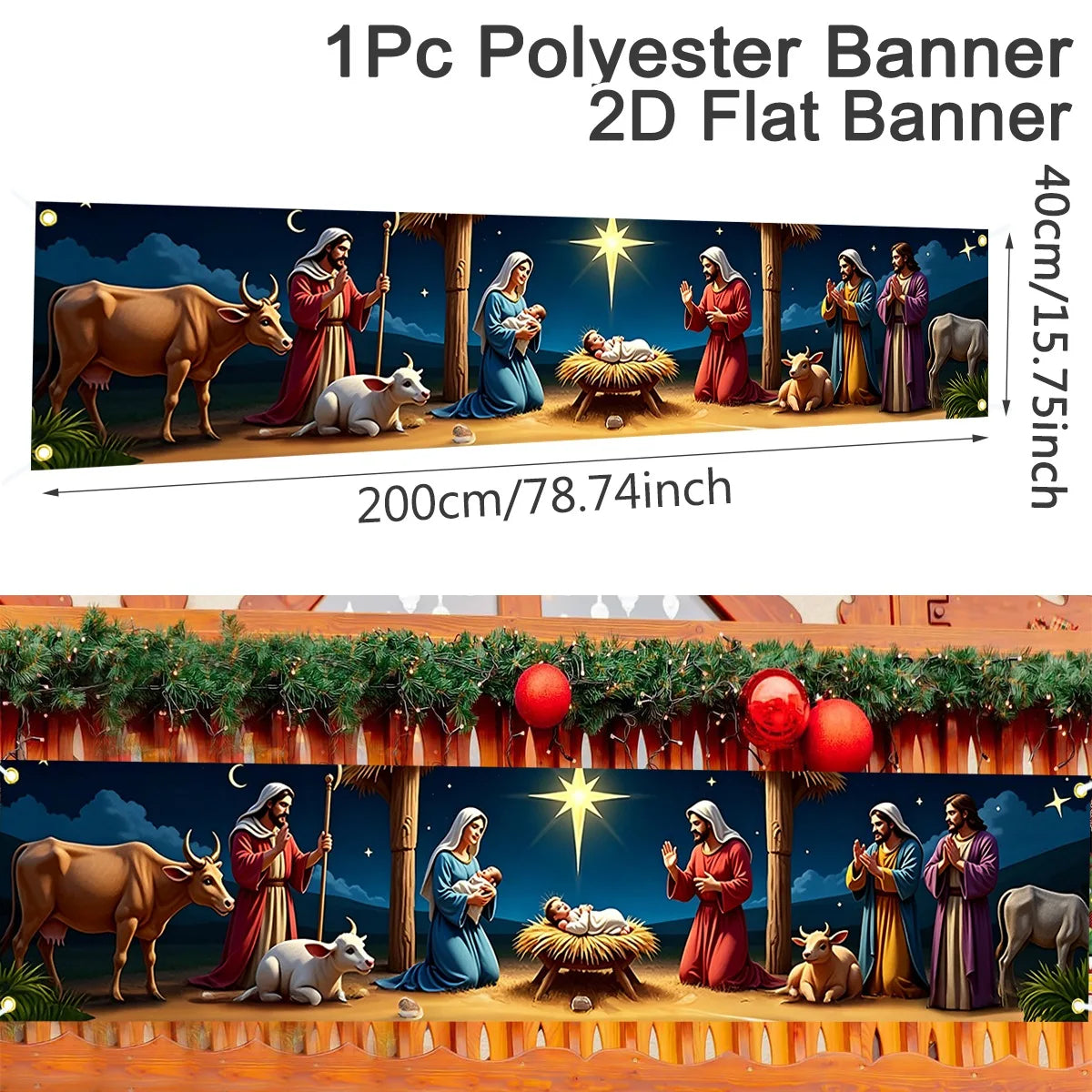 Banner de Cena de Natividade de Natal 200*40cm, Fundo de Poliéster para Decoração de Festa em Casa, Interior e Exterior, Decorações de Natal 2026