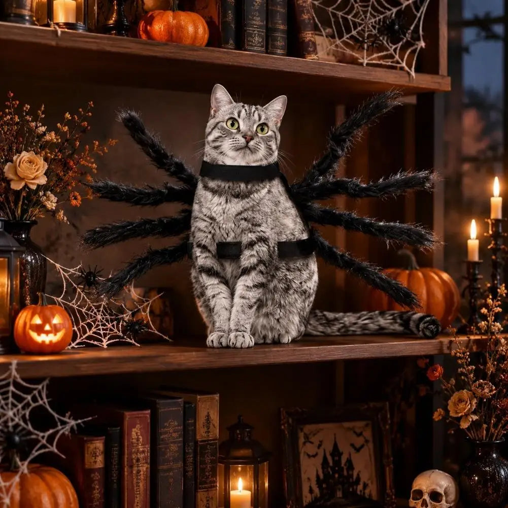 Fantasia de aranha para animais de estimação no Halloween, roupas engraçadas e realistas com pelúcia para cães e gatos, fantasia de cosplay para peito e costas, roupa de festa para cães de porte pequeno e médio