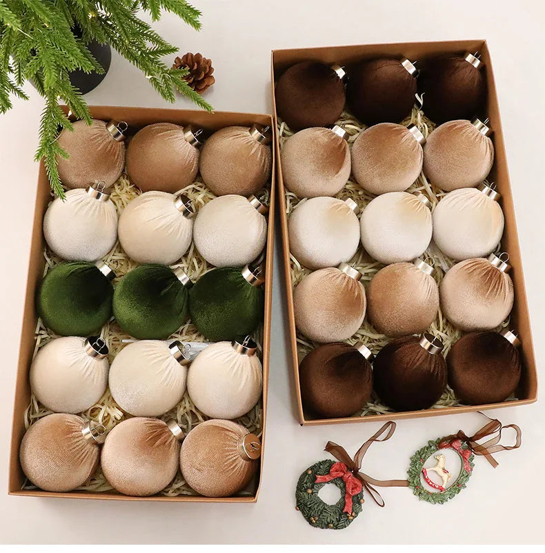 Bolas de Natal de Veludo 8cm 15PCS Enfeites de Natal com Tecido Flocado para Decoração de Árvore de Natal e Festas em Casa