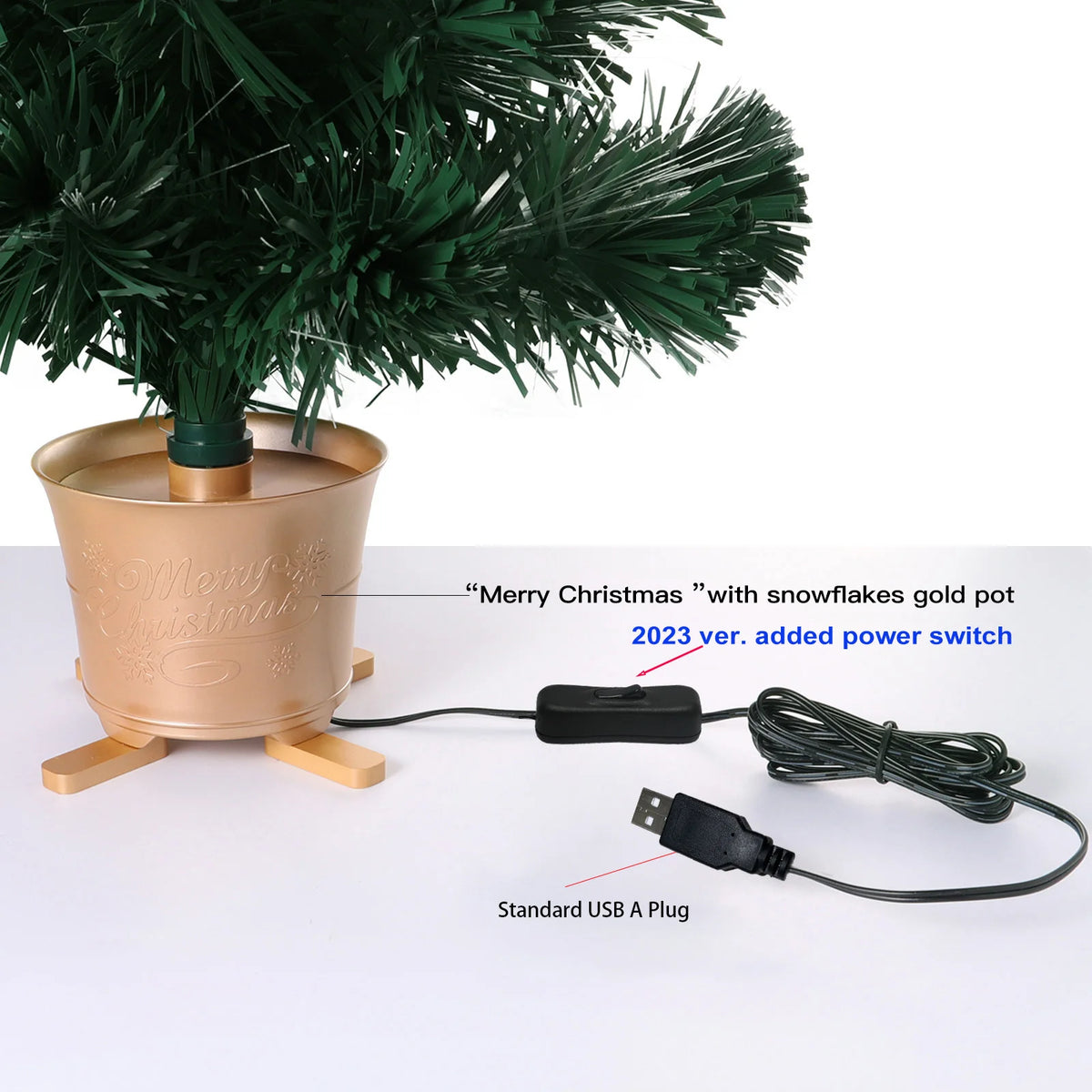 Mini árvore de Natal artificial de mesa de fibra óptica com luzes LED, base dourada, verde, pré-iluminada, árvore de Natal, 24 polegadas