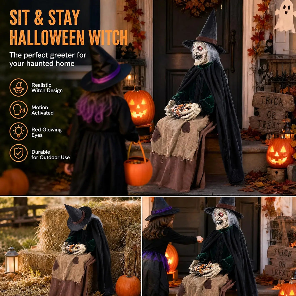 Decorações de Bruxa Animadas para Halloween com Som e Movimento, Olhos Brilhantes, Decoração Assustadora para Varanda e Jardim