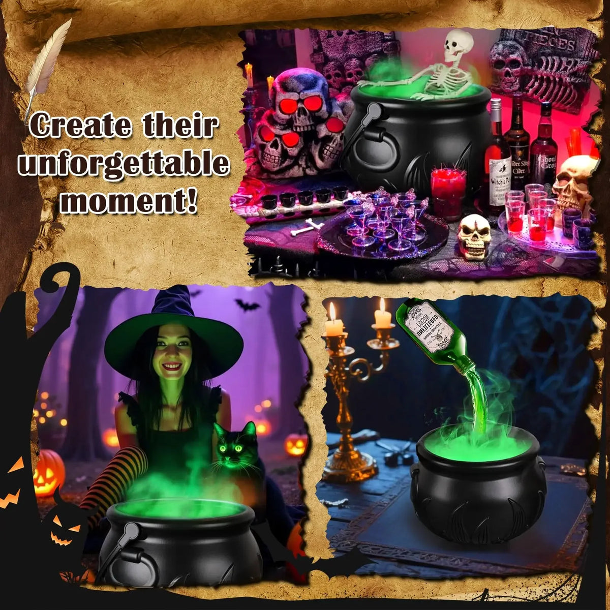 Halloween WitchCauldron com luz LED e névoa Mist Maker Esqueleto Decoração para festa assustadora de Hocus Pocus, casa, festa de Halloween