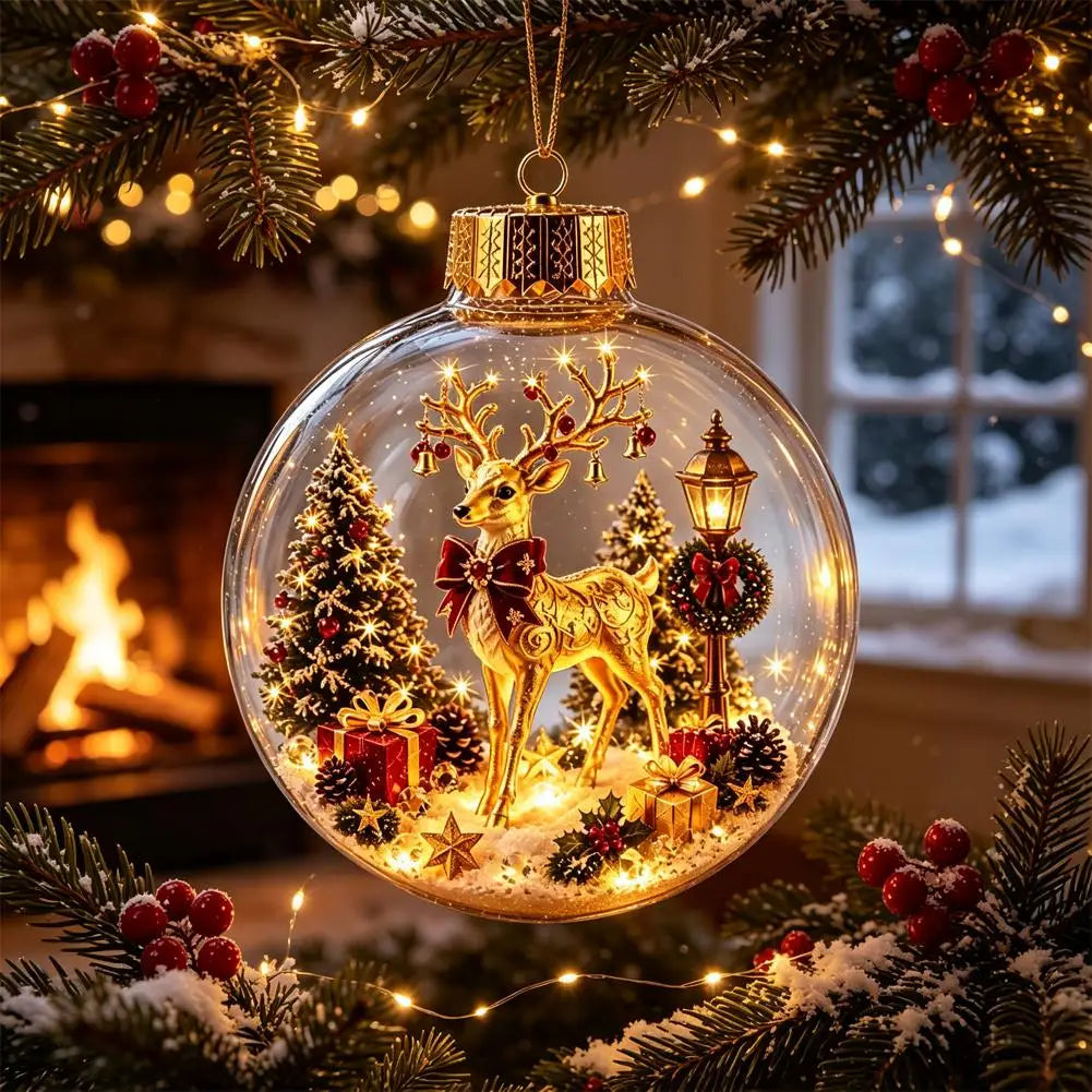 Decorações de Natal com Luzes, Criativas, com Temas de Quebra-Nozes, Rena, Boneco de Neve, Árvore de Natal Brilhante, Pingente de Bola de Cristal