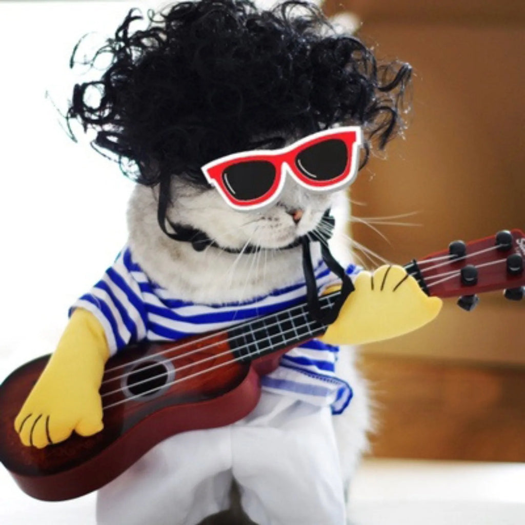 Engraçado Pet Guitar Costume, Trajes de cão, Guitar Player, Halloween, Natal, Cosplay Party, Cão, Roupa de gato, Vestir Roupas