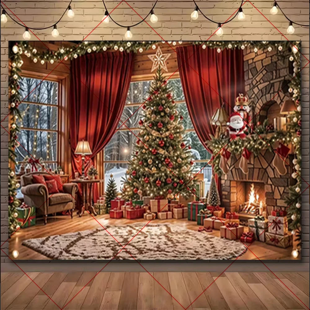 Natal inverno fundo vintage lareira festa decoração crianças photo studio suprimentos árvore de natal lanternas cenário nevado