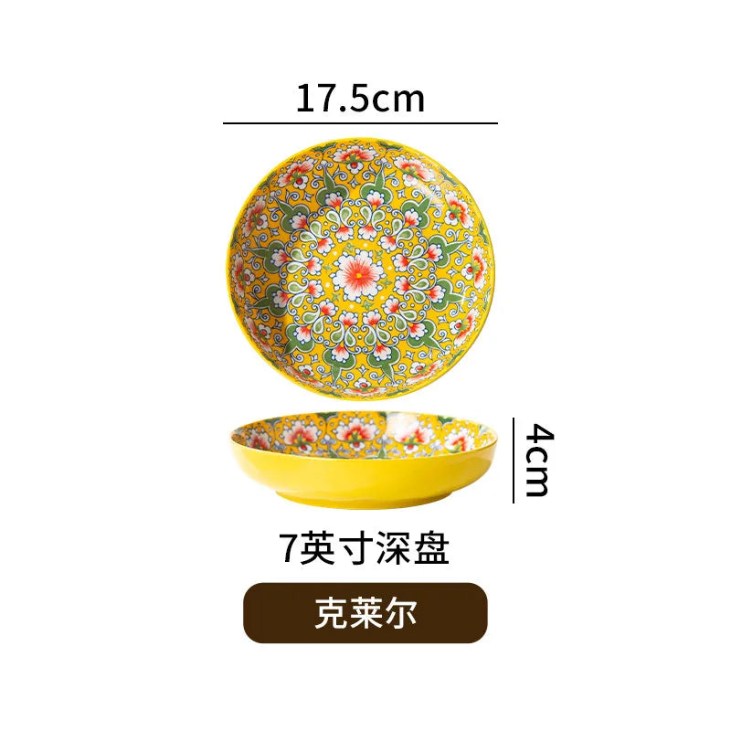 Prato Cerâmico Boêmio Profundo para Uso Doméstico com Aparência de Alta Qualidade, Prato Redondo Exquisito para Café da Manhã e Jantar