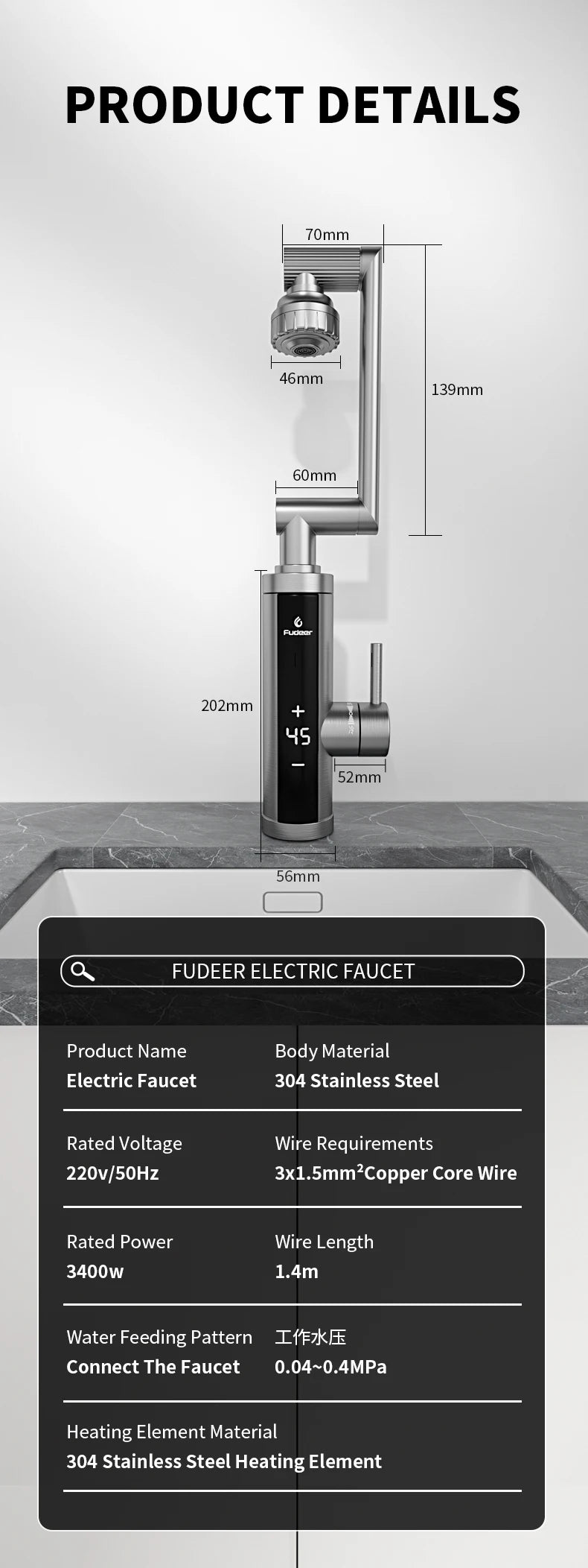 Fudeer 3400W 220V Cozinha Elétrica Aquecedor de Água Torneira Instantânea de Aço Inoxidável Torneira de Água Aquecedor Torneira de Aquecimento Frio