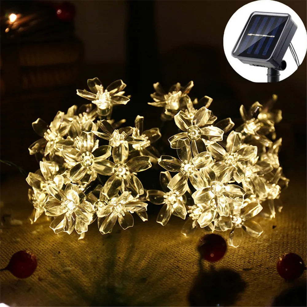 Luzes de Cordão LED Solares em Forma de Flor de Cerejeira para Decoração de Jardim e Pátio ao Ar Livre, Decoração de Natal e Casamento