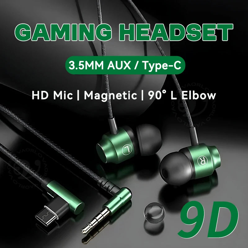 9D HIFI Heavy Bass Game Earphones 3.5MM AUX/Type-C 90° L Elbow Metal Magnetic Music Earbuds With Mic In-Ear Headsets For Android