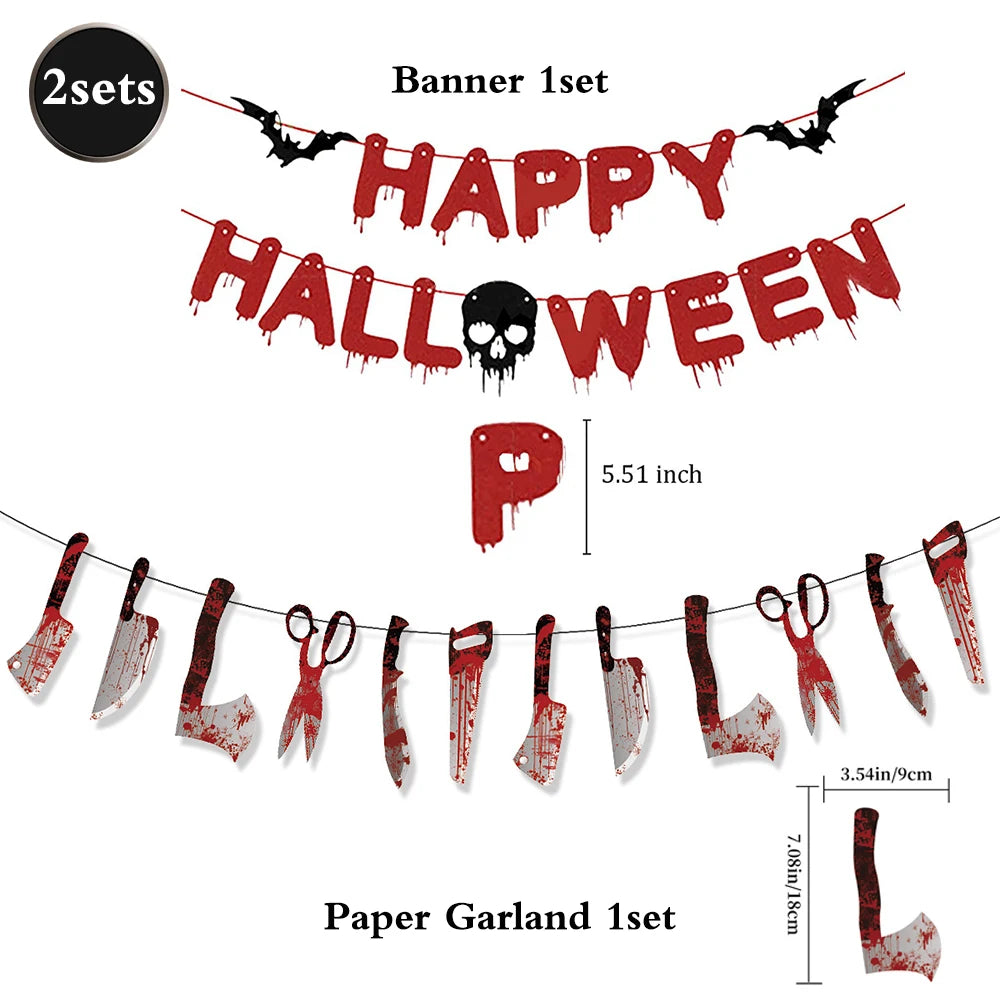 Decoração de festa de halloween feliz dia das bruxas banner sangrento açougueiro faca assassino ferramentas guirlanda de papel para horror decoração de casa assombrada