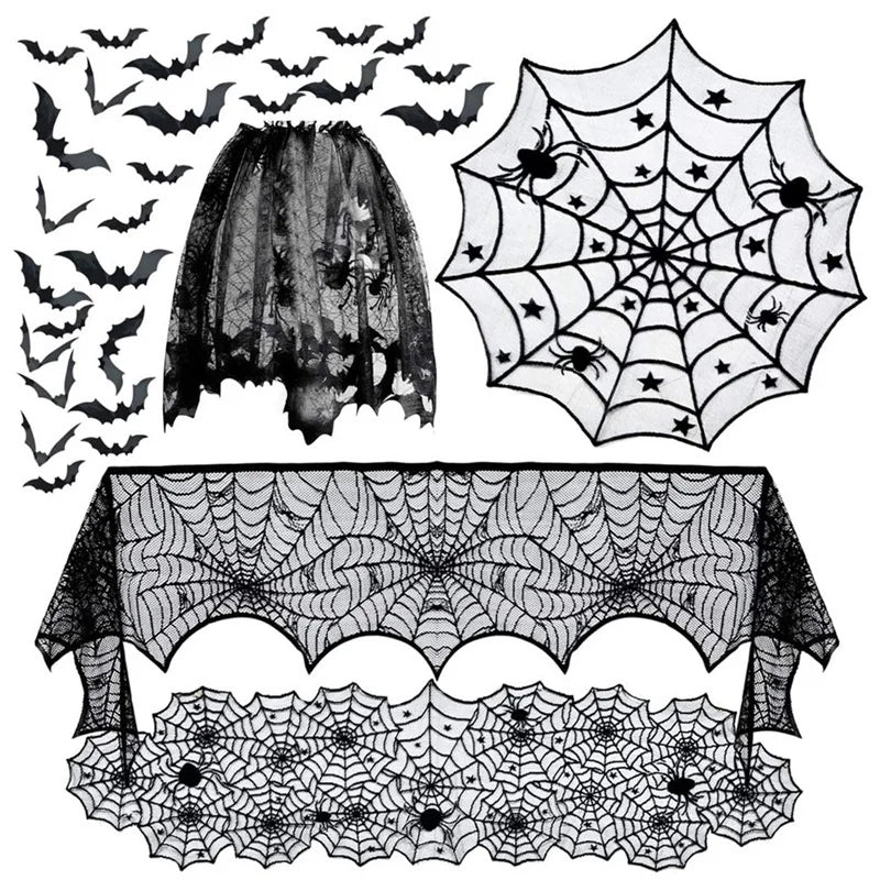 Kit de Decorações de Halloween: Toalha de Mesa com Teia de Aranha, Caminho de Mesa, Decoração para Lareira, Toalha de Mesa com Renda e Teia de Aranha, Decoração para Festa de Halloween