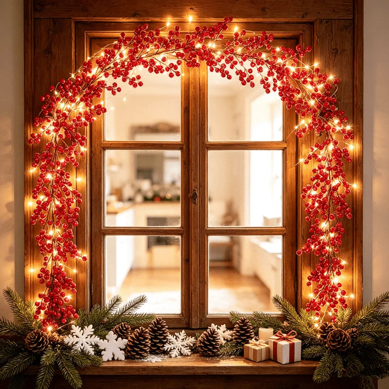 Guirlanda de luzes LED com frutos vermelhos artificiais para o Natal, luzes em forma de videira para decorar árvores de Natal, casas, casamentos, festas e para a decoração de inverno.