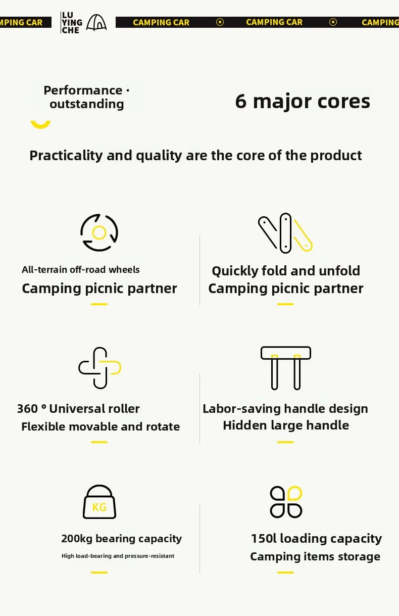 Carrinho de Camping para Exterior, Ferramentas de Piquenique, Mesa de Jantar Dobrável e Móvel para Carro, Carro de Camping Multifuncional