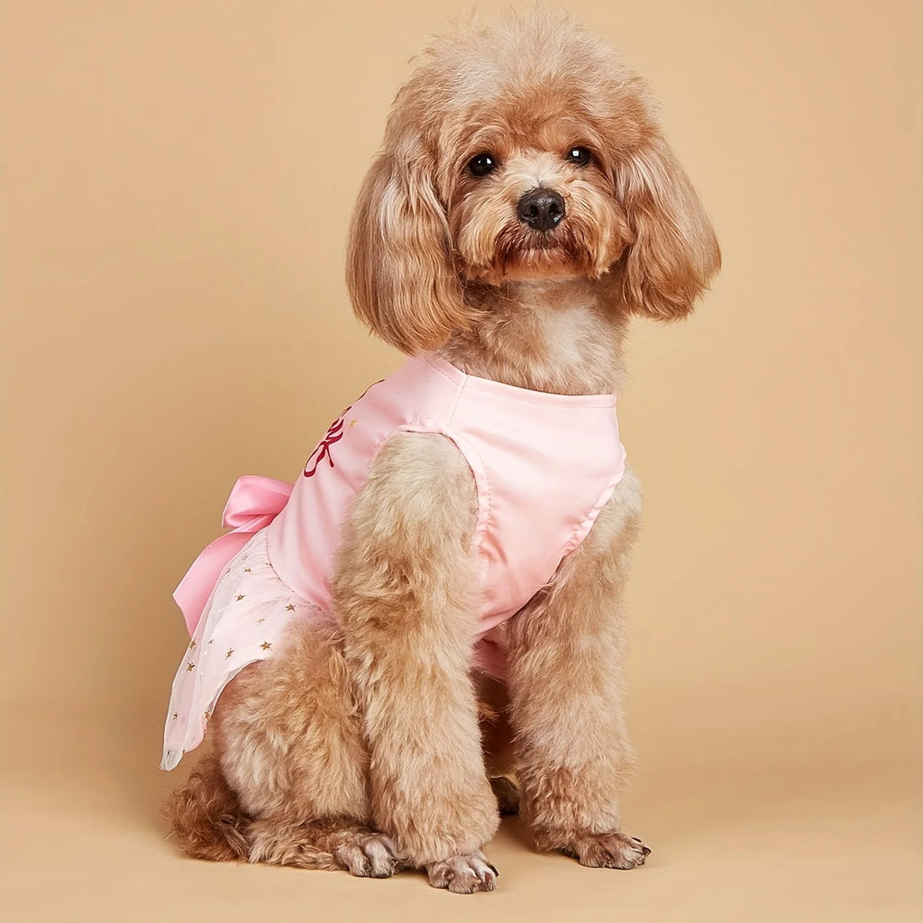 Vestido para cachorro e menina, roupas para animais de estimação, cachorrinho, laço rosa, tule, lantejoulas, roupas para cachorro