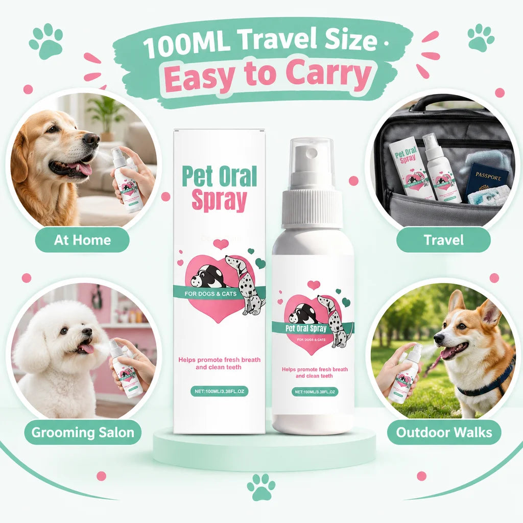 Spray oral para animais de estimação, para gatos e cães, com extrato de chá verde, seguro para animais, reduz o tártaro, proporciona hálito fresco, não requer escovação, fácil de transportar, para limpeza e cuidados