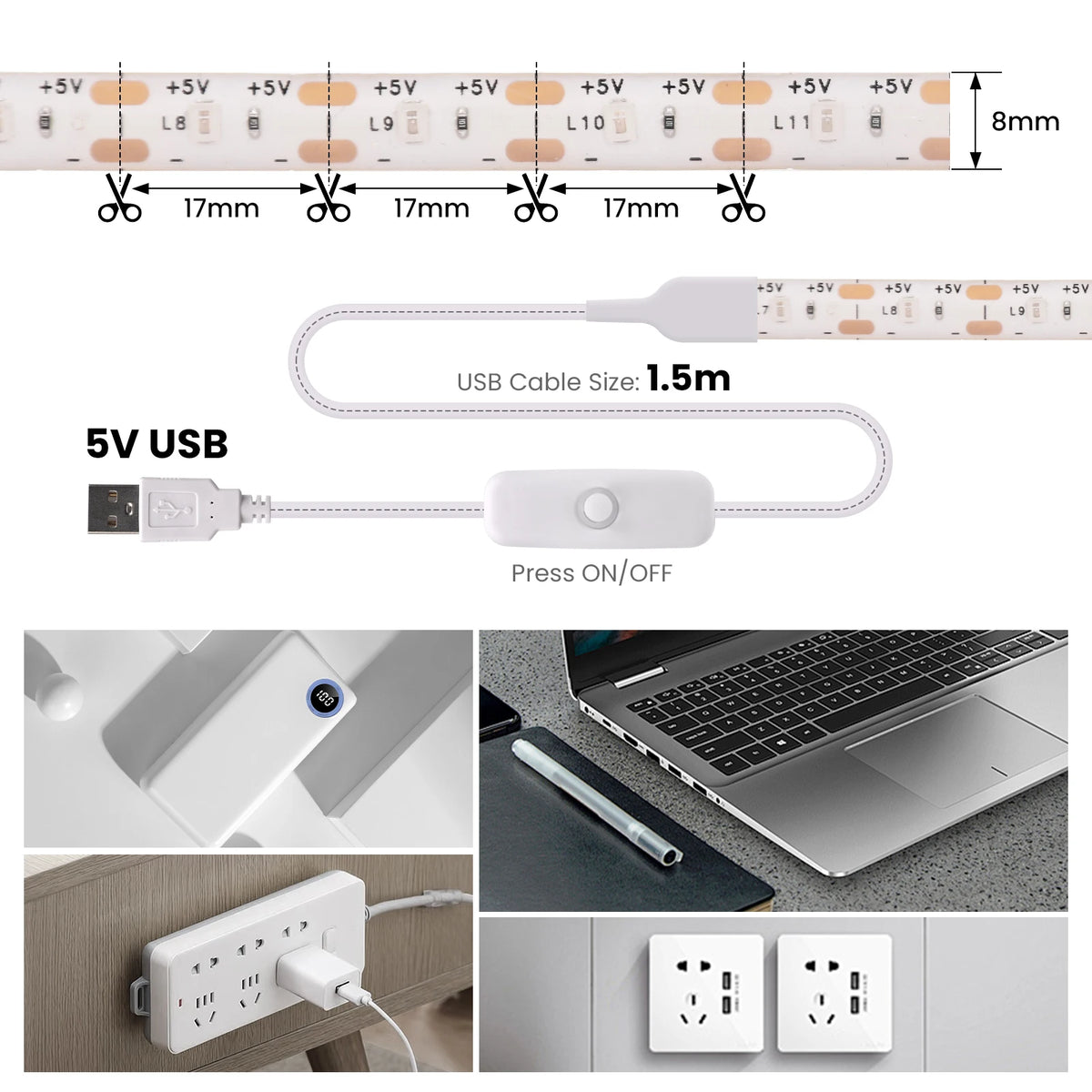 5v 2835 luz de tira led usb 60leds/m fita flexível led com interruptor branco quente à prova dwaterproof água luzes led para decoração do quarto
