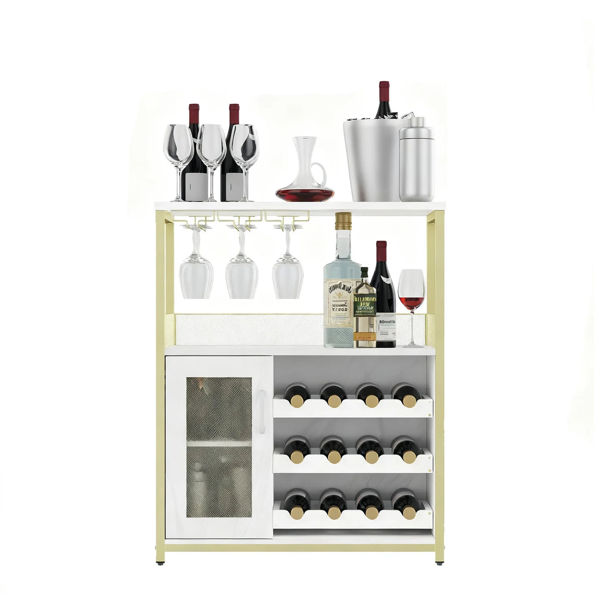 Armário de bar de vinho de 3 camadas com rack de vinho removível e armário de buffet com suporte de vidro e porta de malha para casa