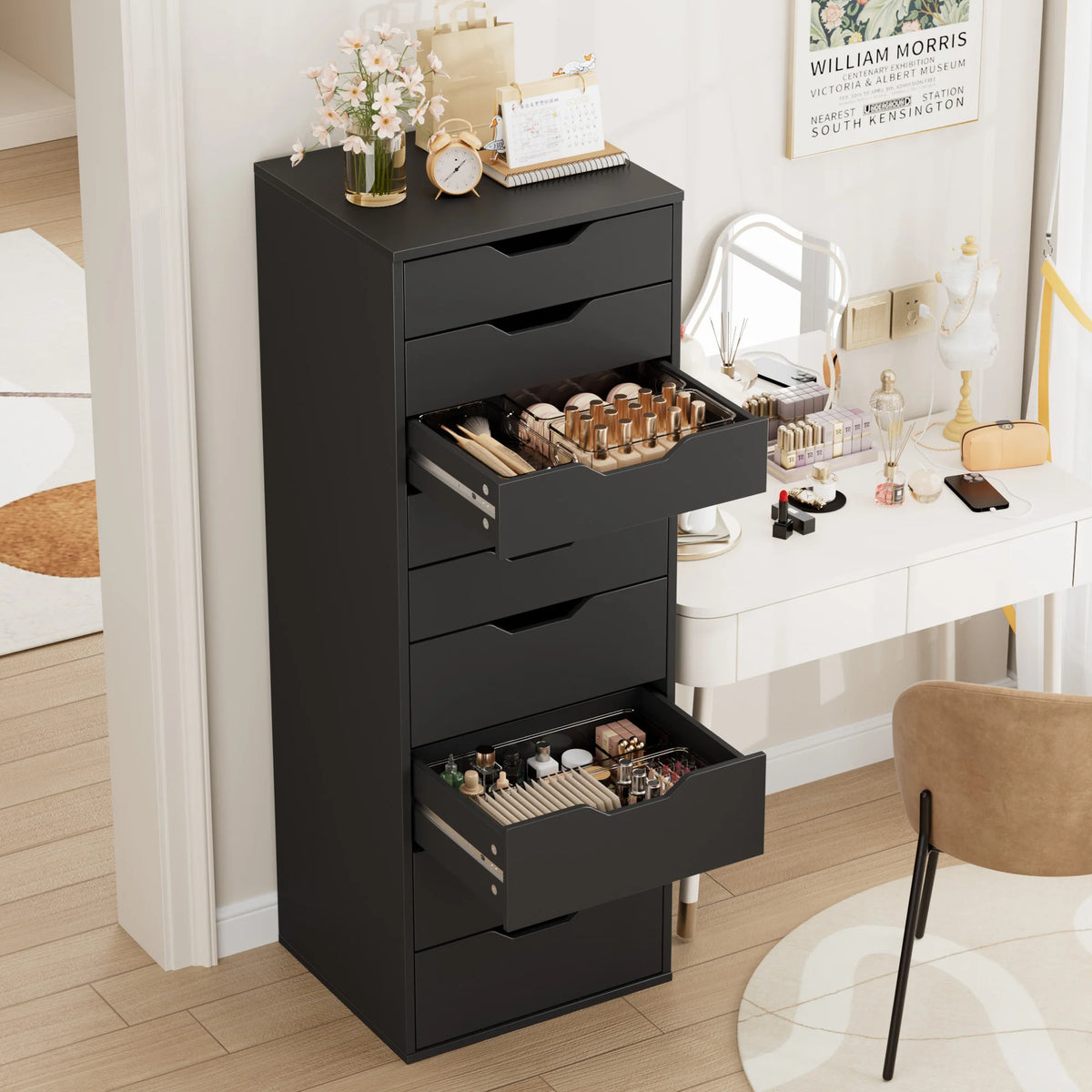 Getone Cômoda Quarto, Cômoda alta, Armário de armazenamento branco, Armário alto com 9 gavetas para sala de estar 124,3x45x40cm