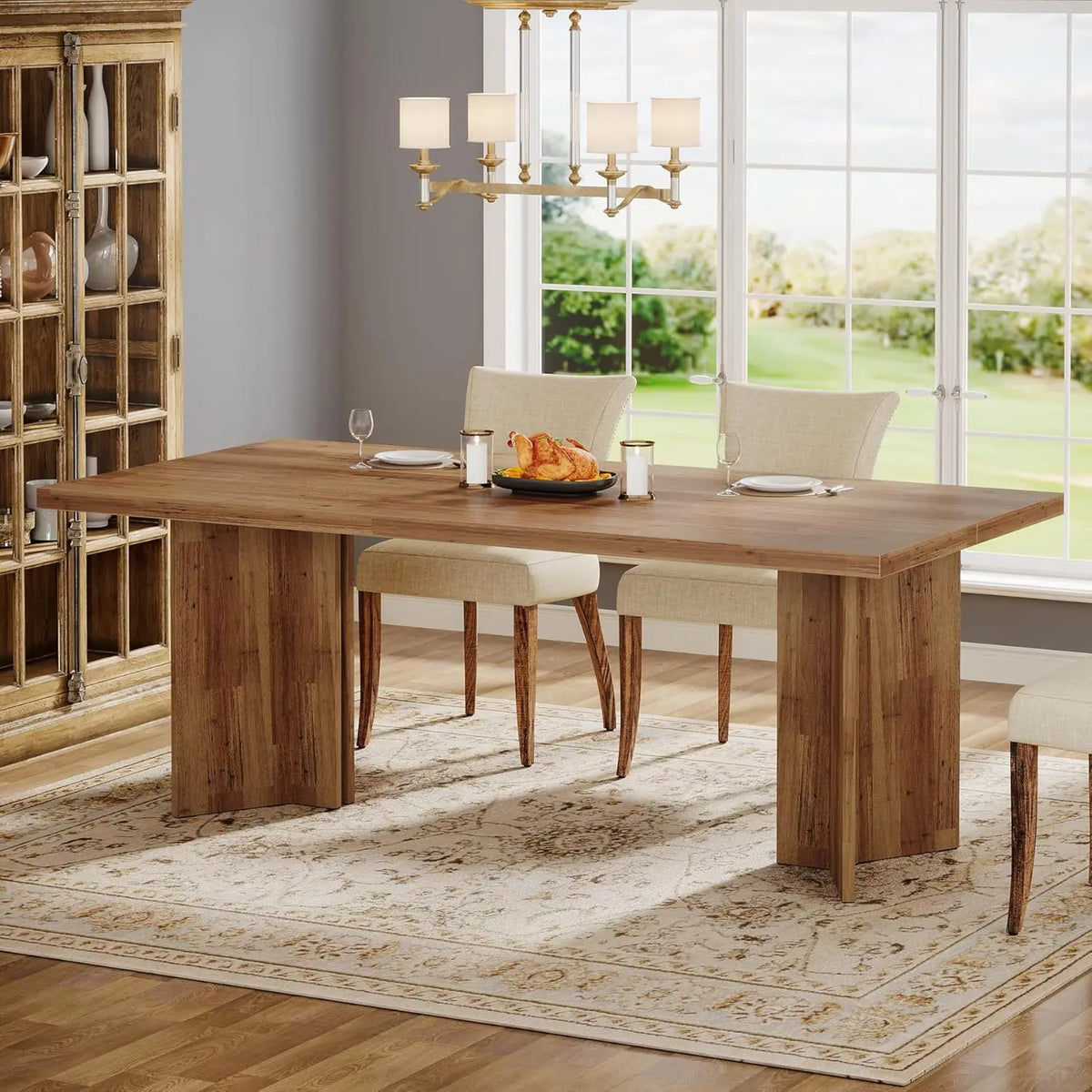 Mesa de Jantar Estilo Fazenda para 4 a 6 Pessoas, Mesa Retangular de Madeira de 63 Polegadas com Tampo Grande e Estrutura Robusta, Personalizada