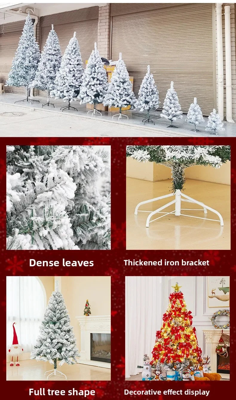 Árvore de Natal artificial em PVC com efeito de neve e galhos esbranquiçados, ideal para decoração de vitrines e para as festas de fim de ano.
