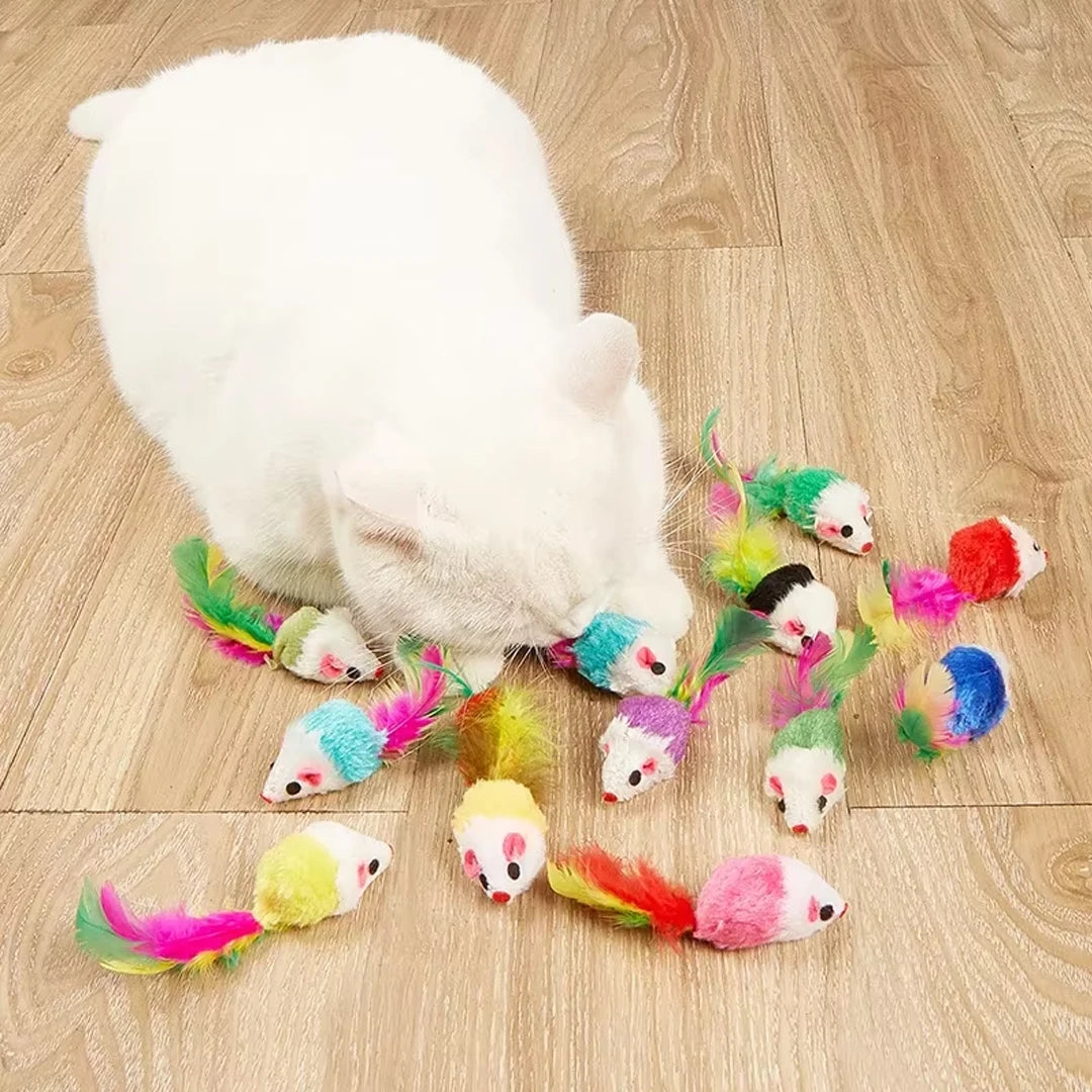 Brinquedos interativos para gatos, mouse falso de lã macia e fofa, pena colorida, brinquedo de treinamento engraçado para gatos, gatinho, suprimentos