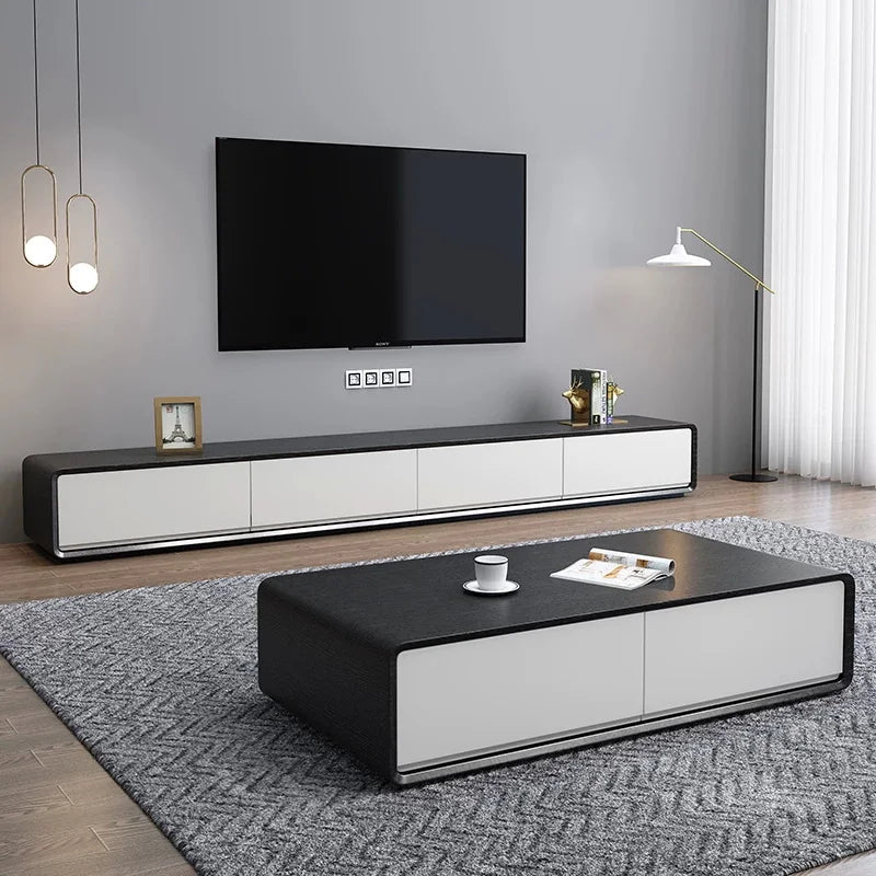 Mesa de Café e Rack para TV com Armários de Armazenamento, Conjunto de Móveis Modernos Brancos para Sala de Estar, Conjunto de Centro de Entretenimento Contemporâneo