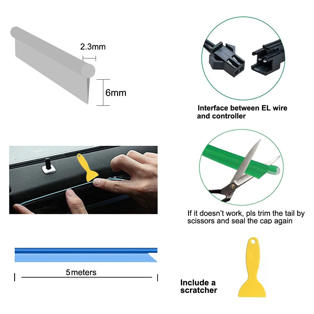 Carro Interior LED Strip Light, Neon EL Fiação, Lâmpada Decorativa para Auto, Luz Ambiente Flexível, Diodo de Festa Atmosfera, USB, 5m