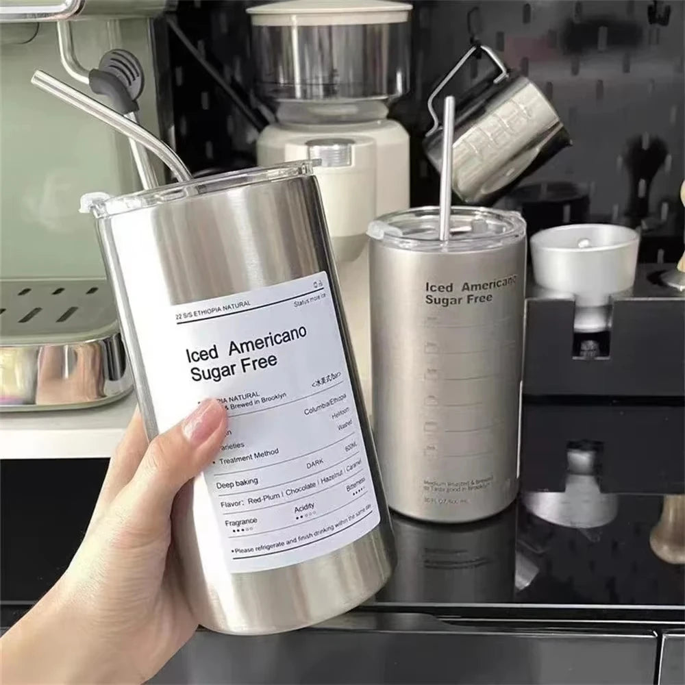 Copo Térmico de Aço Inoxidável 304 de 600ML com Canudo, Copo Reutilizável de Dupla Camada para Café Americano Gelado e Água Fria, Portátil