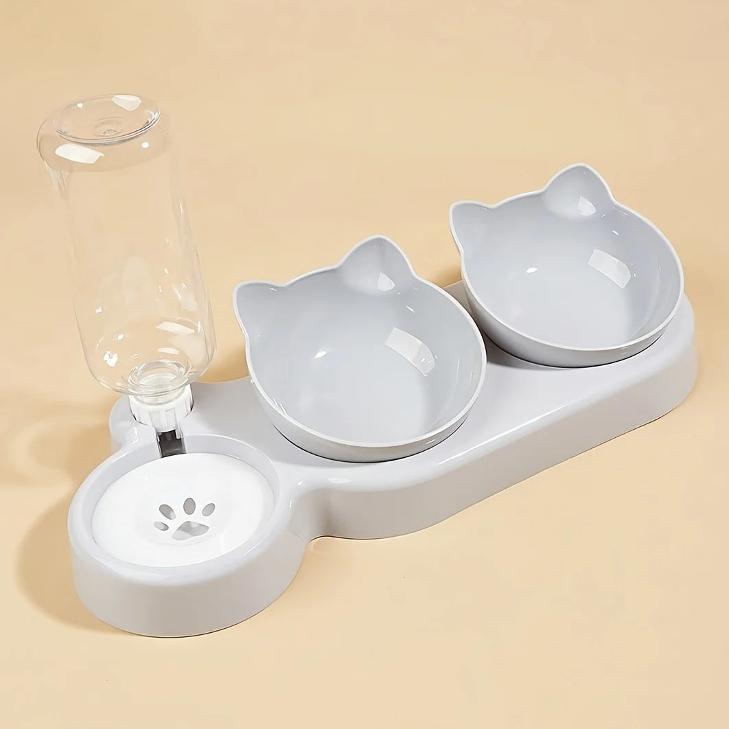 Taças 3 em 1 para Gatos com Bebedouro, Design de Orelhas e Inclinação