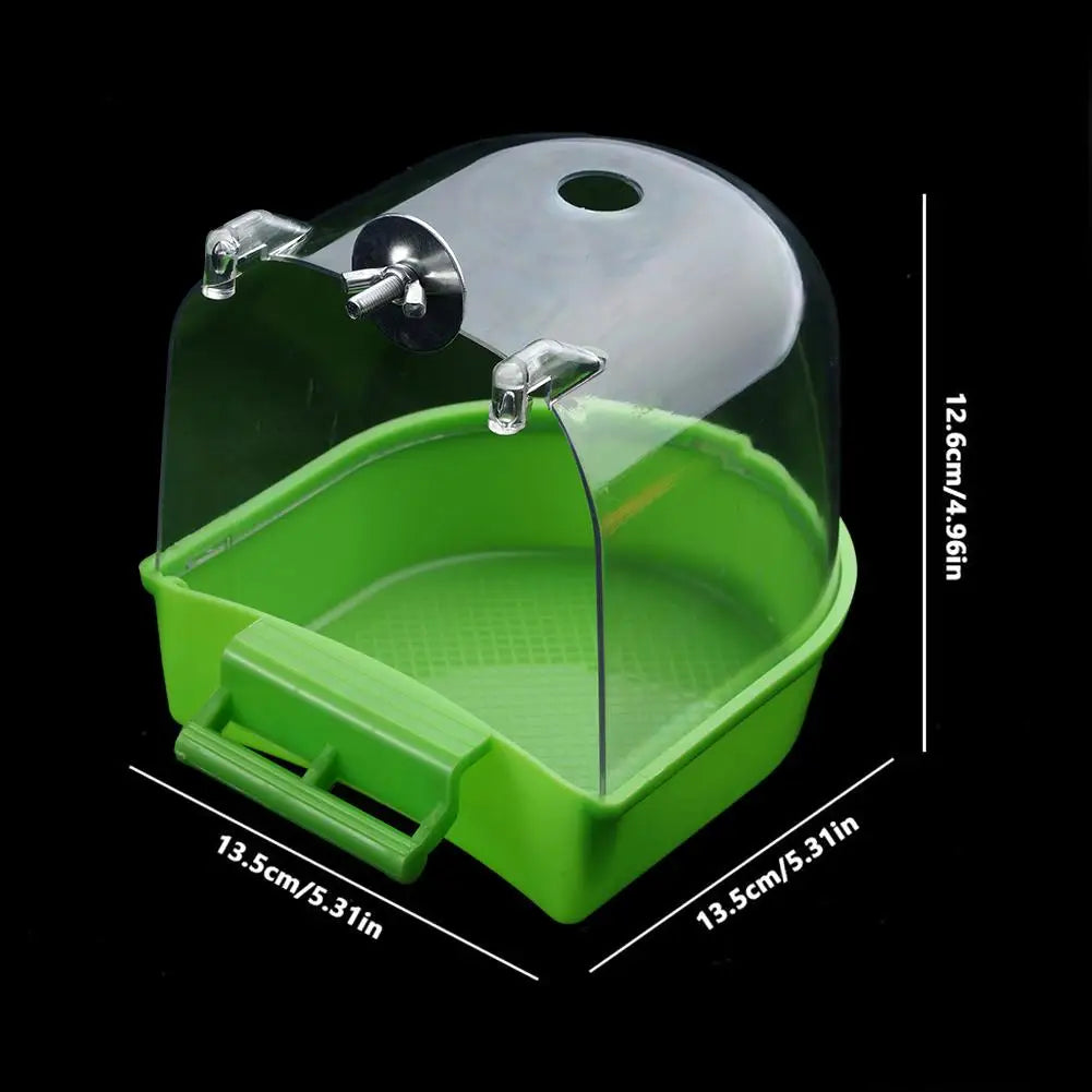 Banho de pássaros para limpeza de gaiola, suprimentos para animais de estimação, calopsita, banheira de pássaros com ganchos pendurados, acrílico transparente, cubo de banho de pássaros
