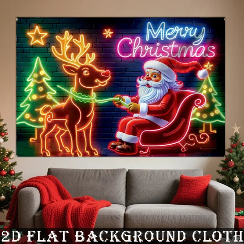Cenário natalino em neon: Papai Noel e renas, ideal para festas de fim de ano e decorações natalinas para uso ao ar livre.