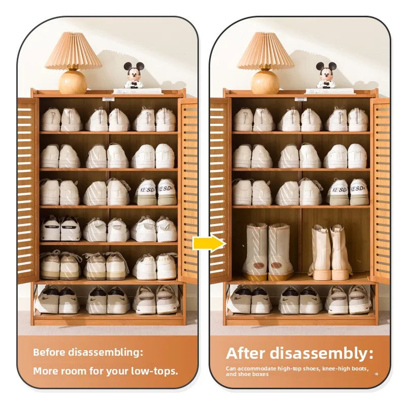 Armário de Sapatos de Bambu com Porta de Persiana, Armário de Armazenamento Multicamadas para Sala de Estar, Armário de Jantar, Armário de Utensílios de Cozinha