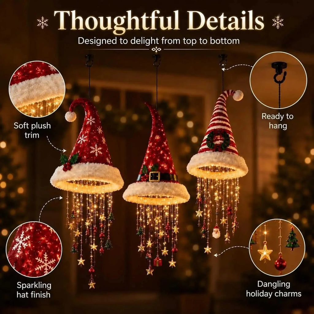 Luz de Natal LED em Forma de Chapéu de Papai Noel, Luzes de Cordão Brilhantes e Quentes, Decoração de Natal para Casa, Escada e Festa.