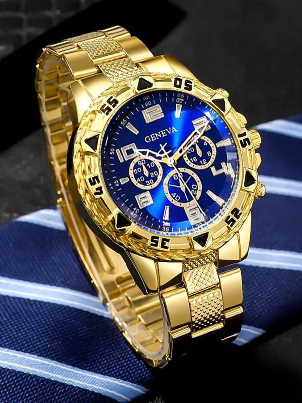 Gold alloy men's business steel bracelet quartz watch and chain bracelet necklace ring set - a birthday gift for him