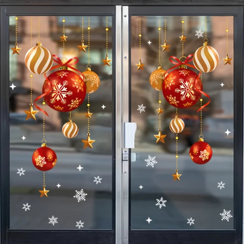Adesivos de Natal, decoração de ambiente festivo, bolas coloridas, estrelas, flocos de neve, adesivos, adesivos decorativos para janelas de vidro.