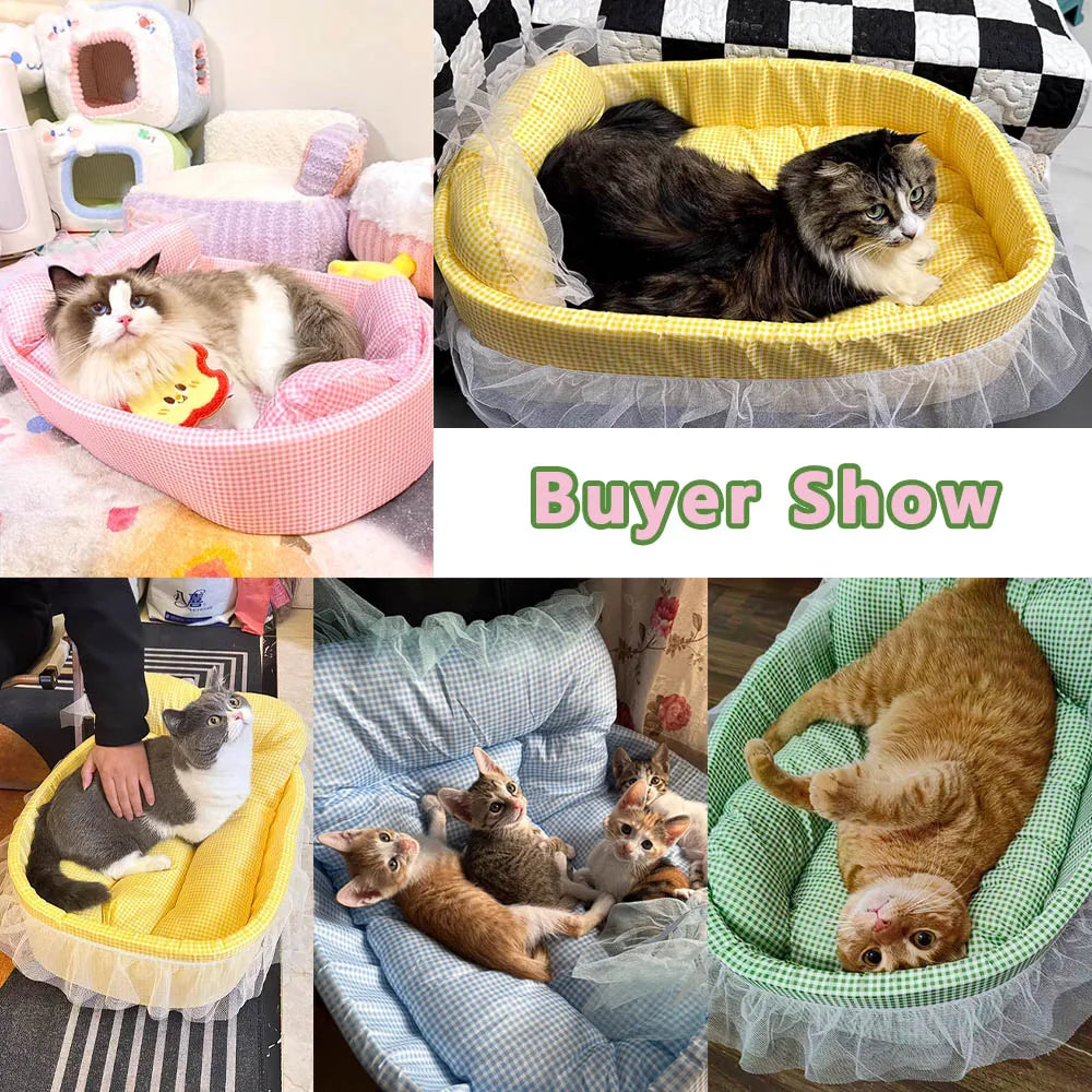 Cama Sofá Princesa para Gatos com Renda, Lavável e Removível, de Pelúcia Macia Oval para Cães/Gatos Pequenos, para Todas as Estações
